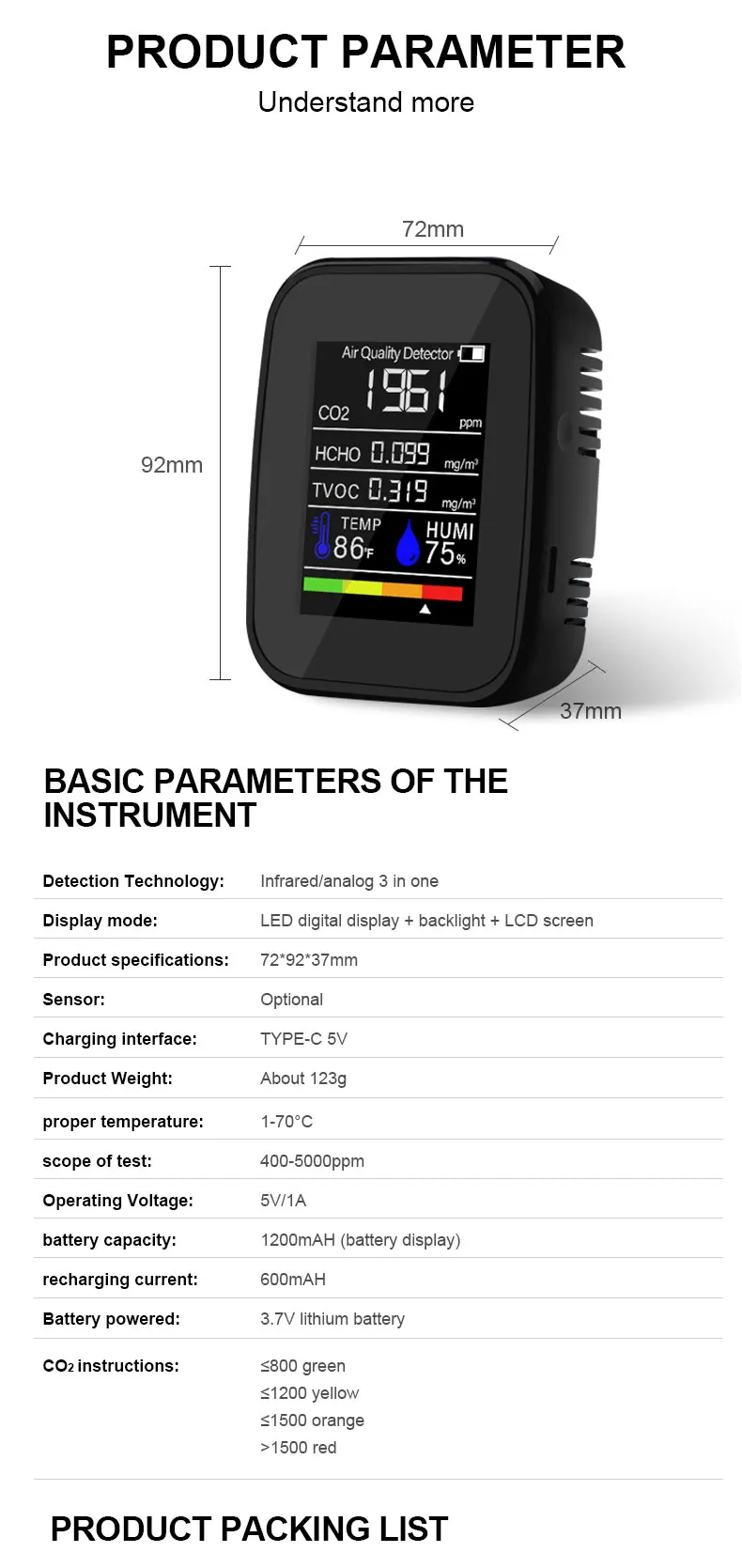 Co2 Meter Sensor Carbon Dioxide Air quality monitor infrared sensor tester meter gas analyzers CO2 gas detector