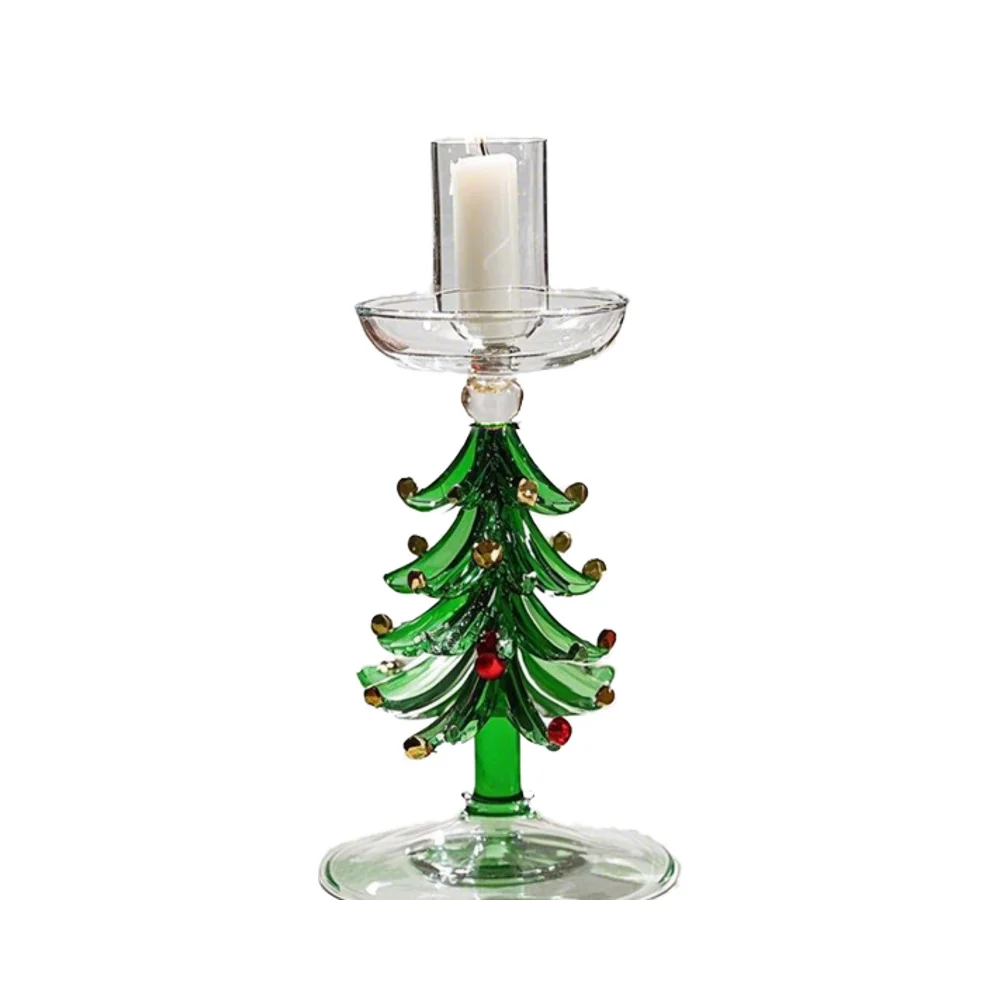 product 3d engraving crystal christmas themed glass candle holders with tree design transparent base for home decor table centerpieces-7