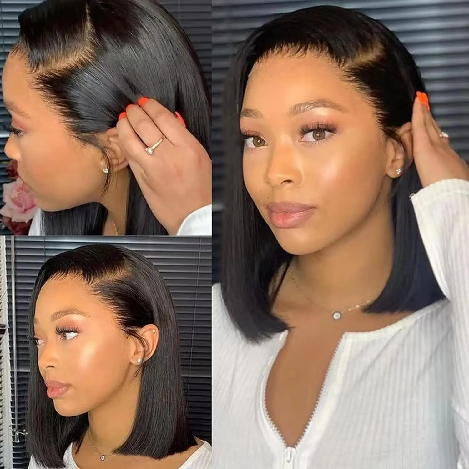 Glueless Bob Wig Human Hair 13x6 Lace Front 180% Density Short Straight Glueless Layered Cut Yaki Straight Short Bob Wig with  main image 2