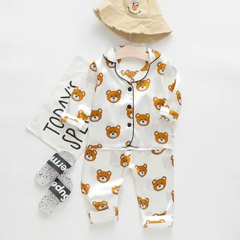2020 new korean style summer and autumn satin fabric long-sleeve pajamas cartoon bear home clothes baby suit