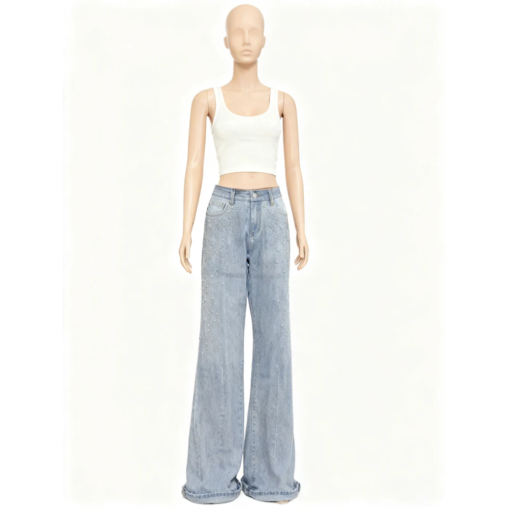 New Arrival Women's Beaded Flared Jeans High Quality Light Blue Denim Pants Fashionable Streetwear
