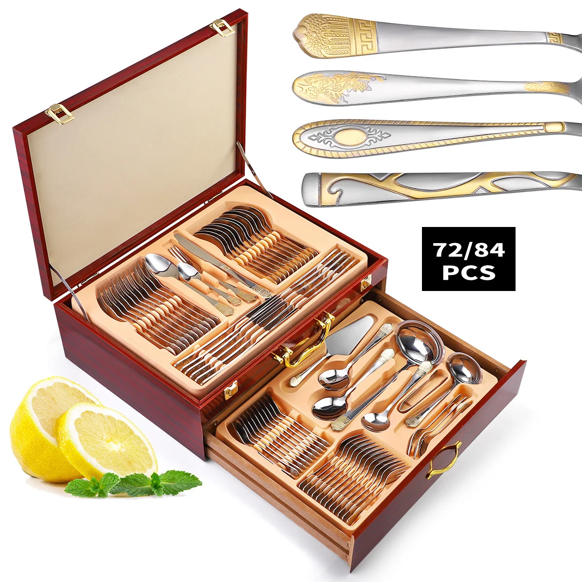Wholesale Embossed Pattern Wedding Sliverware Flatware Serving Set Stainless Steel Luxury 84 72 PCS Cutlery Set in Wooden Case