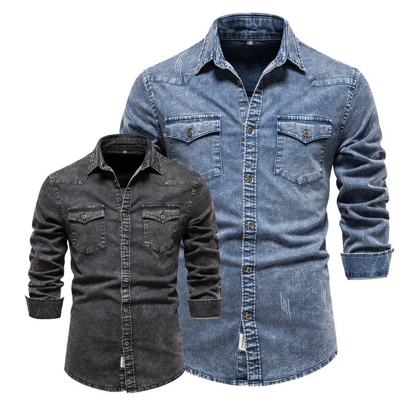 2023 Vintage Streetwear Long Sleeve Denim Jean Shirt US Size Men Casual Cotton Washed Denim Jeans Shirt for Men