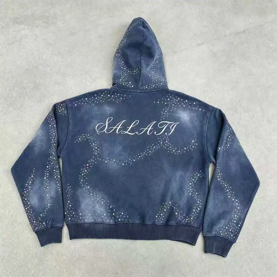 Wholesale Washed Zip up Hoodie Rhinestone Graphic Fleece Oversized Streetwear Casual Winter Bulk Fashion Men Zip up Hoodie gallery 2