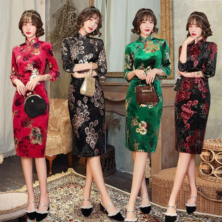 HÖTER Womens Slim Printed High Split Traditional Vintage 3/4 Sleeve Plus Size Qipao Cheongsam Dress 