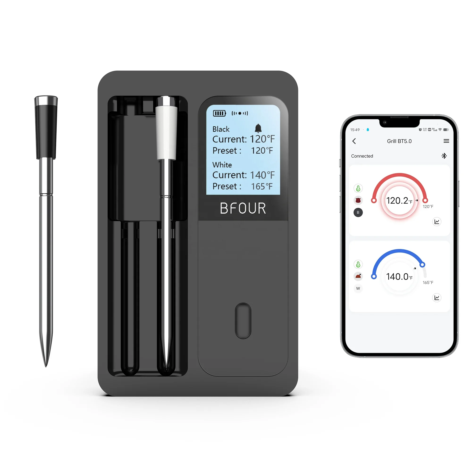 BFOUR 500FT Smart Digital Cooking  Wireless Meat Thermometer for BBQ Grill Oven with Bluetooth APP