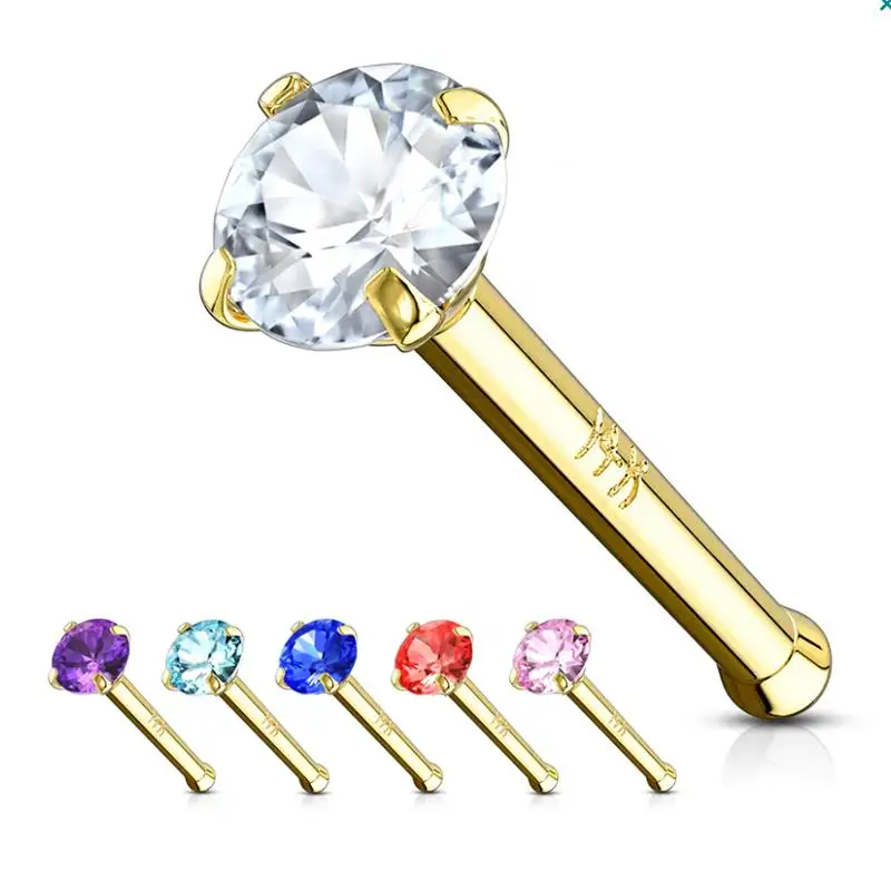 14k Gold Nose Rings Nose Bone With Round Cz Piercing Jewelry Buy 14k