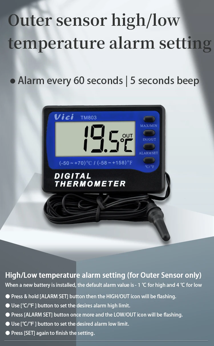 Lorenlli TM803 Pantalla LCD Digital Termómetro Refrigerador Congelador Acuario Caja de Medicina Sensor de Temperatura Medidor Termógrafo de Alarma 