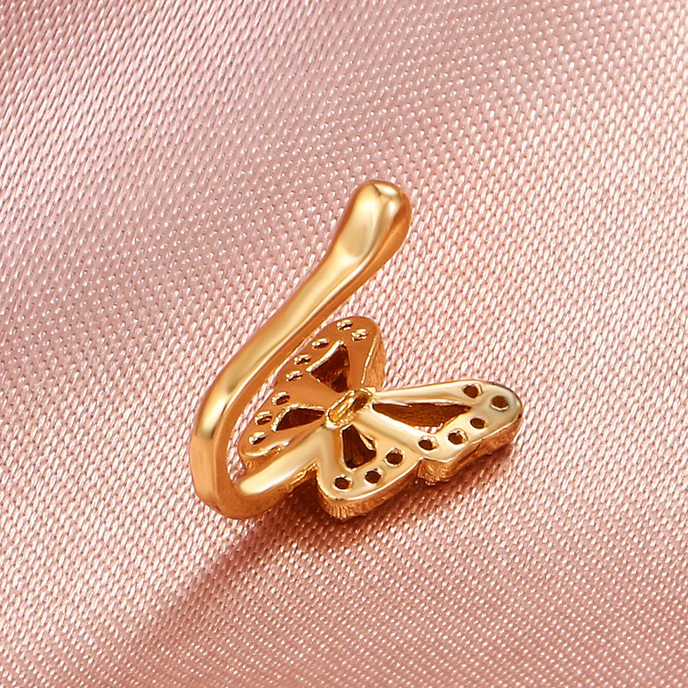 Karat Gold Plated Nose Ring Bijuteria Non-Piercing U Shape Butterfly Design with Black CZ Stones for Wedding Engagement