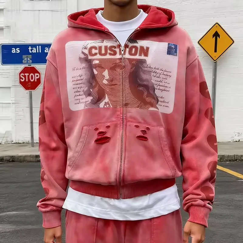 Custom Made to Order DTG Portrait Graphic Full Zip Hoodie Oversized Heavyweight Fleece YKK Washed Streetwear Unisex gallery 3