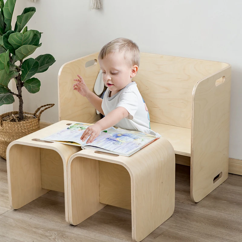 Bugholz-Mehrzweckmöbel für den Heimunterricht, 3-teilig, Naturholztisch und -stuhl-Set für Kinder