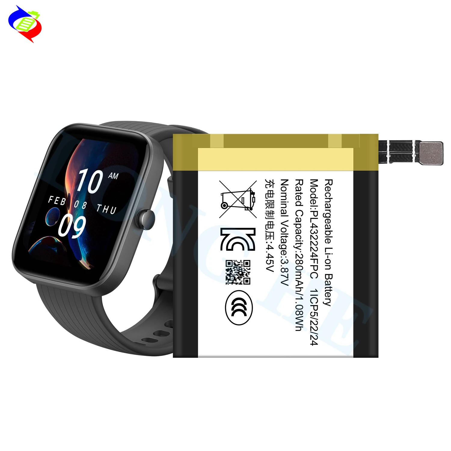 PL432224FPC 280mAh Rechargeable Li-ion Watch Battery for Amazfit Bip Bip3  Pro A2171 A2172