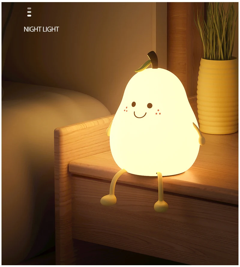 product cartoon silicone pear night light usb charging 7 colors change kids night light led table lamp baby feeding nursery lamp-38