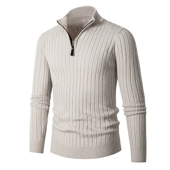 New autumn and winter men's long sleeved vertical stripe semi high neck zipper base knitted sweater men's sweater