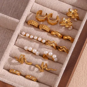 Wholesale Trendy Gold Plated Stainless Steel Clip-On Earrings Double Layer Pearl Geometric Zircon Earring for Women