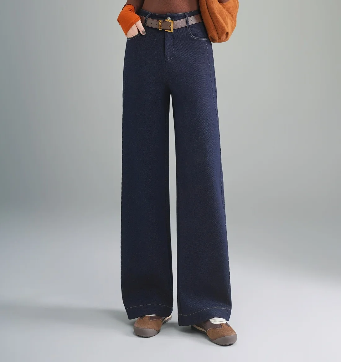 Lady's High-Waisted Wide-Leg Fall/Winter Office Pants Breathable Plain Dyed Solid Color Long Zipper Fly Anti-Wrinkle Wear a Belt