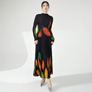 Latest Miyake Pleated Two-Piece Set for Women Casual Style A-Line Skirt and Stretch Printed Top Ankle-Length Fabric Fashion