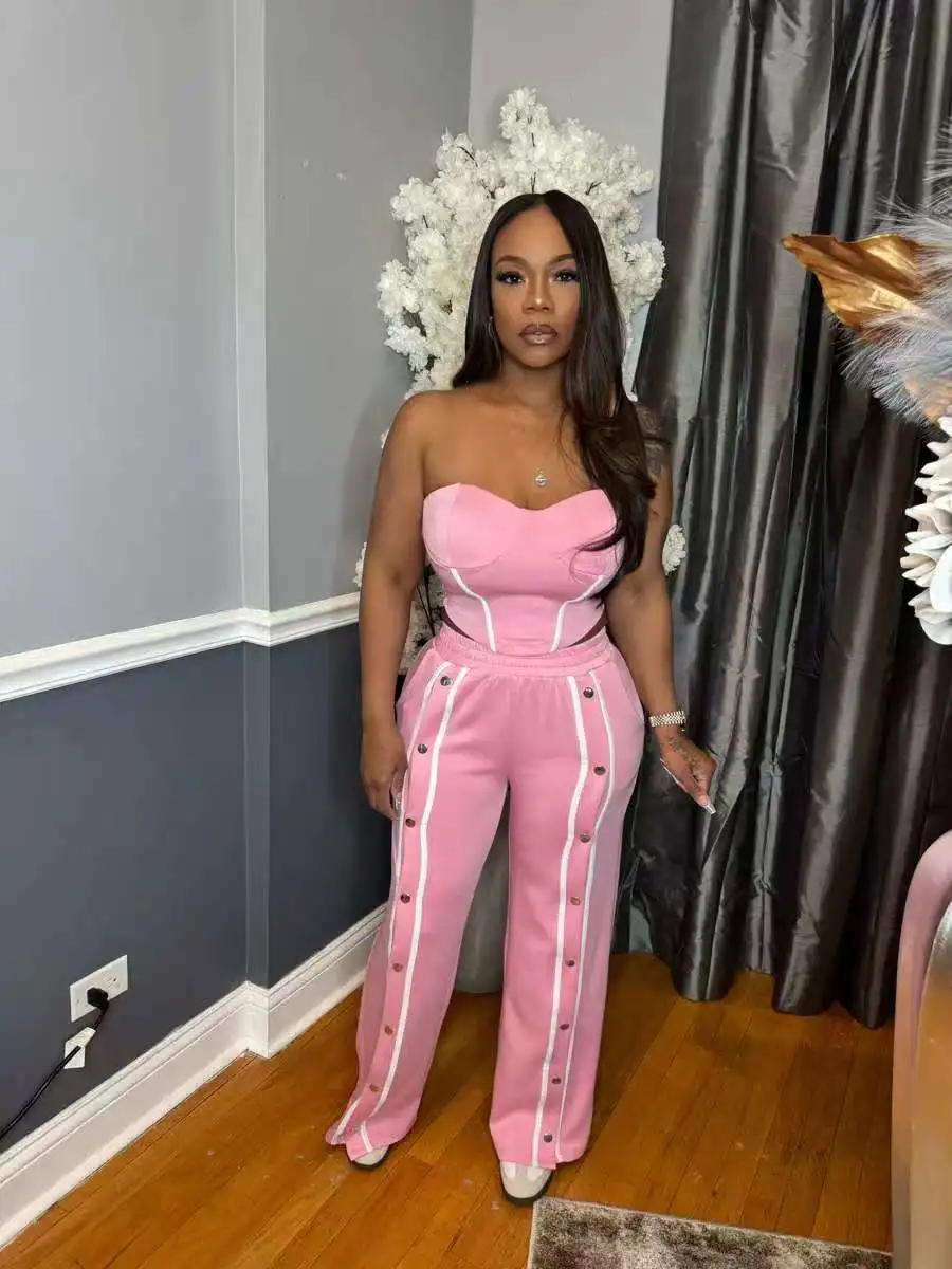 Women's Summer Two Piece Set Designer Soild Tube Crop Top and Wide