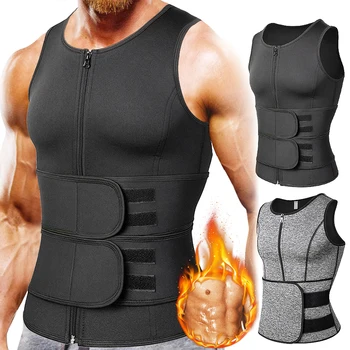 Neoprene Exercise Slimming Body Shaper Sauna Tank Top With Single Belt Zipper Waist Trainer Sweat Vest for Men