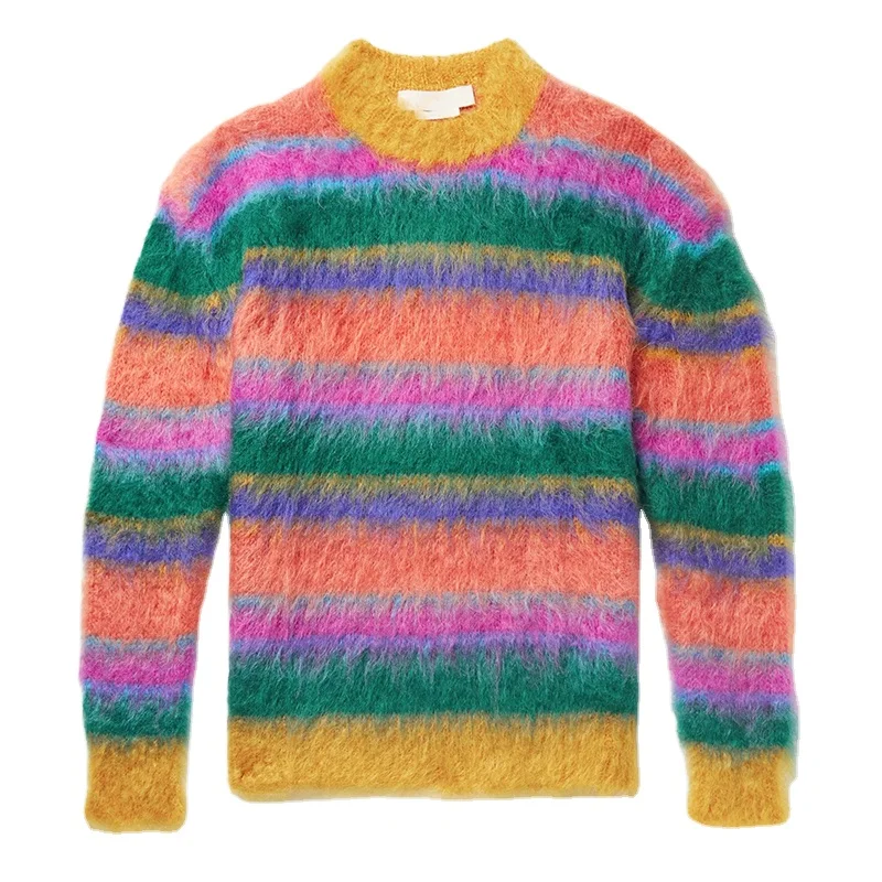 Custom Oem & Odm Men Mohair Sweater Fuzzy Striped Knit Pullover ...