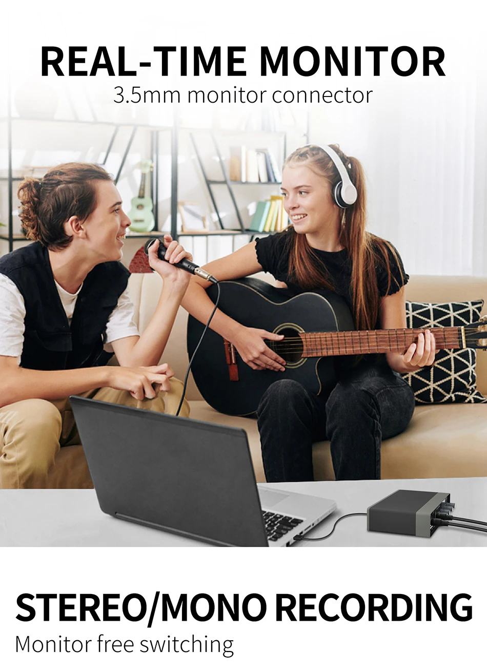 Usb Audio Interface Music External Condenser Microphone Recording Sound Card For Pc Recorder Computer Studio Live