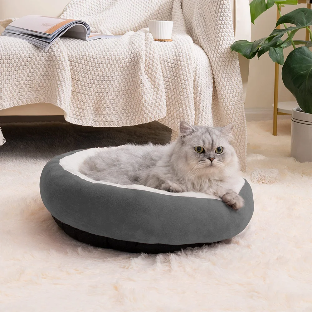 Wholesale calming round soft washable luxury warm plush fluffy donut dog pet bed