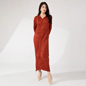 2025 Latest Women's Summer Midi Dress Personalized Stretch Pleated Design With Print Collar Drawstring Sashes Natural Waistline