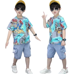 Children Summer 2021 Cartoon Animal Dinosaur Round Collar Short Sleeve 2PCS Pants Boys Clothing Set