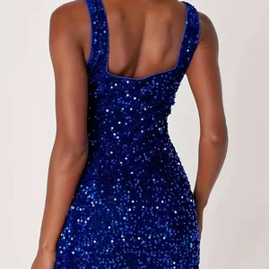 Women's Elegant Royal Blue Evening Dress Beaded Sequined High Silhouette Natural Waistline Above Knee-Length Summer Dress