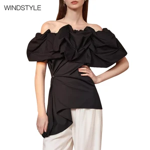 Custom Lady Top Short Black Puff Sleeve Eco-Friendly Polyester Fabric Street Wear Casual  Hip Hop