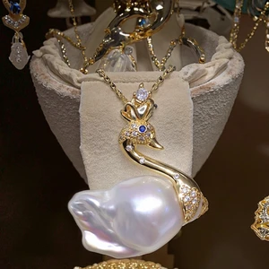 YOB Swan Pearl Large Baroque Natural Freshwater Necklace with Aurora Colorful Fishtail Pendant