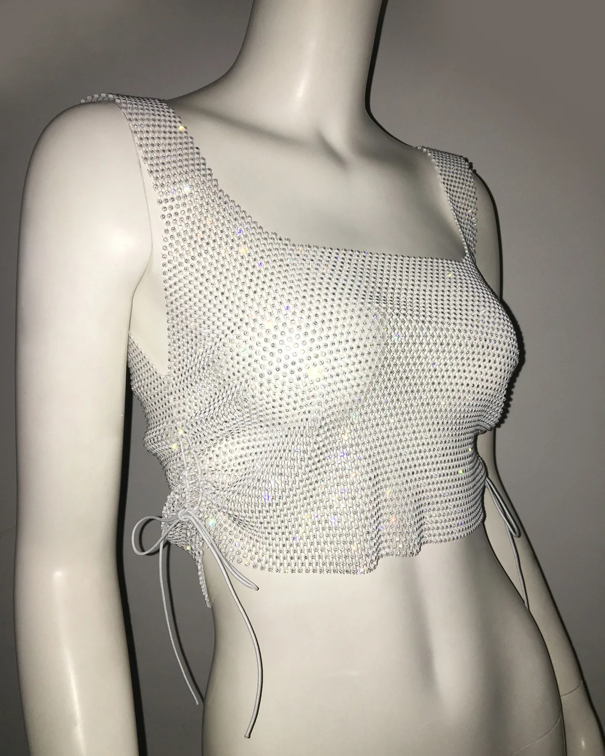 Sparkly Rhinestone Crop Tops Mini Skirt 2Pieces Set Festival Party Mesh Outfit Side Slits Bodysuit Event Dance Sexy Wear Luzhu