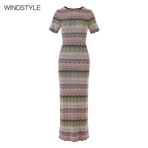Custom Ladies Slim Fit Short Sleeve Knit Dress Gradient Stitching High Elastic Breathable Summer Knee-Length Daily Wear