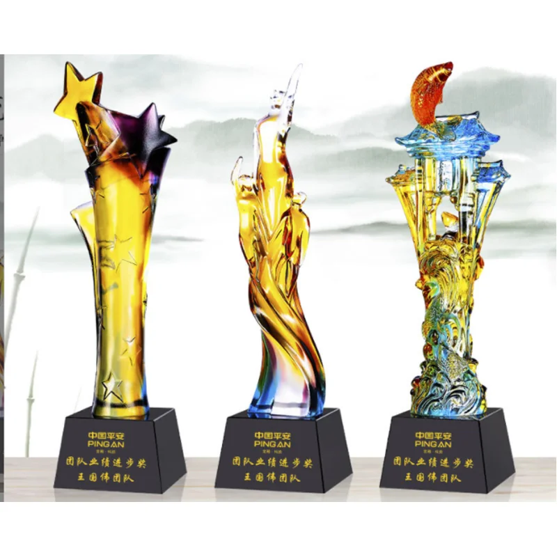 Shining Crystal Crafts Colorful Flame Glaze Business Trofeo de Cristal Estrella Premio Creativo Grabado Souvenir Regalos Reunión Regalo