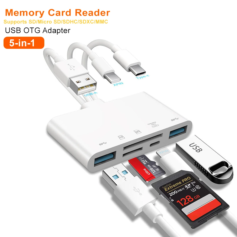 5-in-1 Memory Card Reader USB OTG Adapter SD Card Reader for Phone Pad USB C and USB a with Supports Micro SD/SDHC/SDXC/MMC