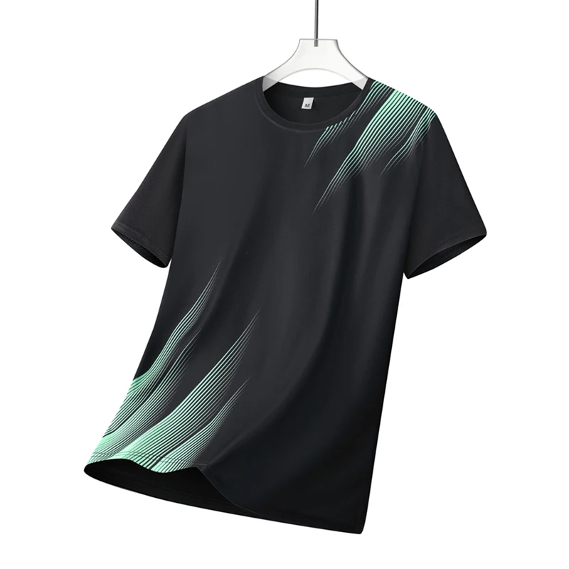 Gradient line print casual short-sleeved cool 100% polyester outdoor men's sports T-shirt