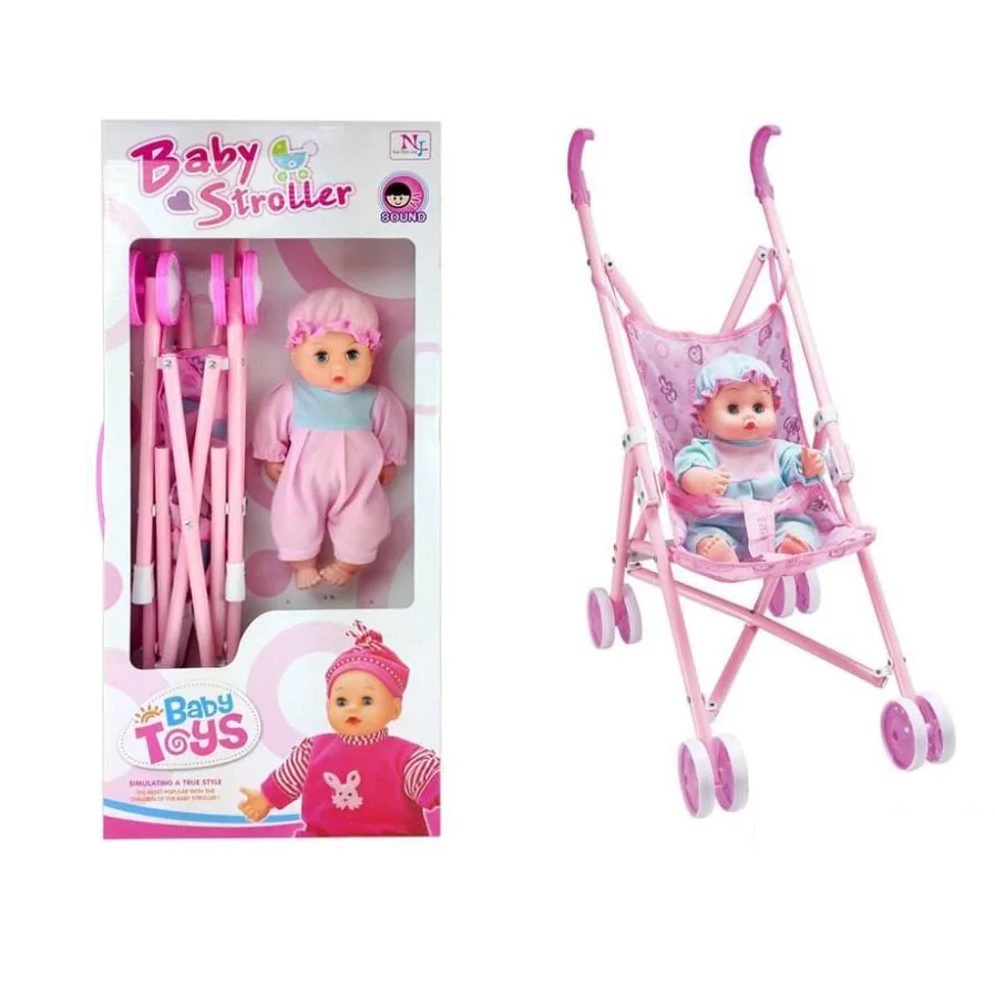 Muñeca bebé con juego de cochecito Accesorios para muñecas con sonido realista Cochecito de bebé de metal resistente, suave y agradable para la piel, juguete para juegos de rol, juegos interactivos