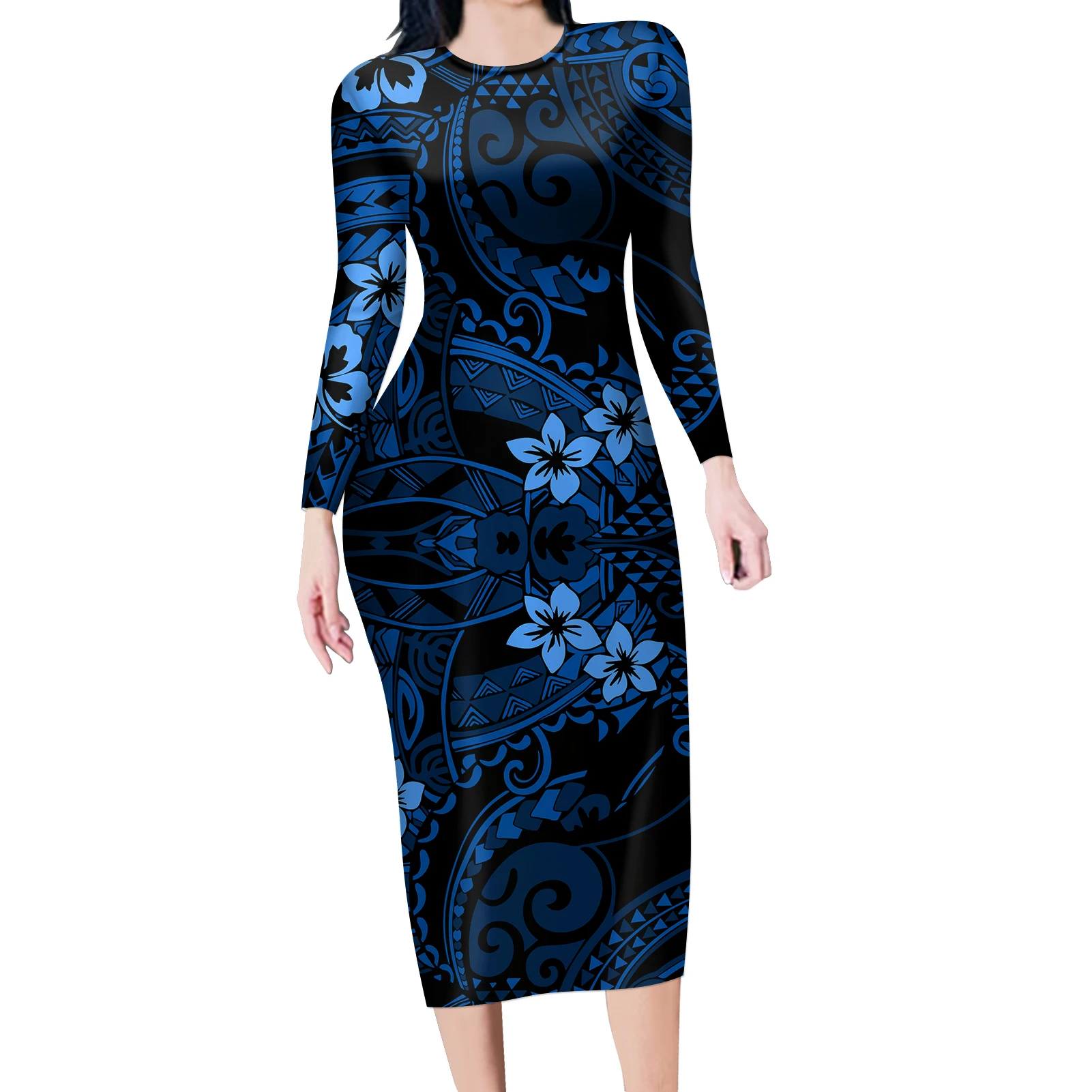 Hot Sell Polynesian Hawaiian Traditional Tribal Print Long Sleeve Elegant  Blue Dress Fashion Bodycon Party Dress Woman Custom