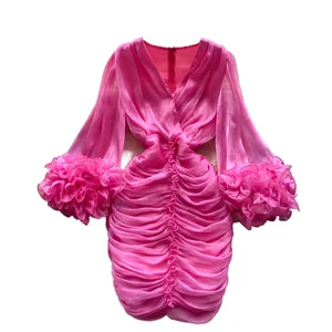 New Spring Pleated Irregular Ruffled V-Neck Dress Long Sleeve Linen Cotton Maxi Elegant Sexy Party Shirt with OEM Service