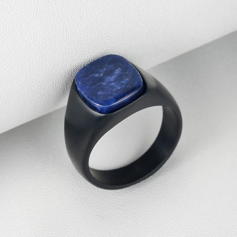 Custom Gemstone 316 Stainless Steel Lapis Lazuli Nature Stone Rings IP Black Jewelry for Women Men Elegant Finger Accessories