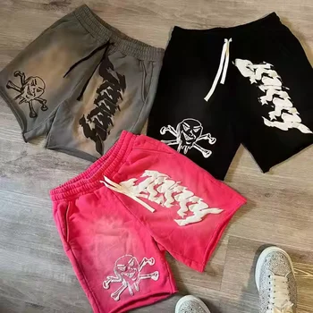 Custom Wholesale Men's Sun Faded Oversize French Terry Vintage Puff Print Distressed Embroidered Men's Sweat Acid Wash Shorts