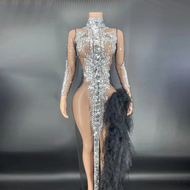 Women Sexy Stage White Black Sparkly Silver Sequins Birthday Mesh Dress  Evening Celebrate Stretch Transparent Host Dress