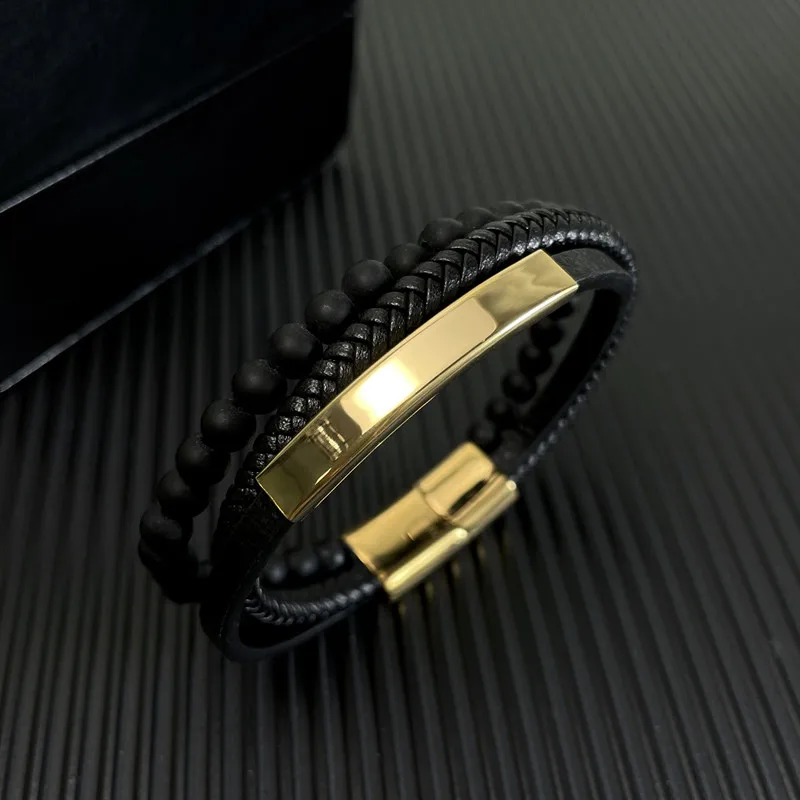 Bracciale da uomo in pelle intrecciata - Chiusura magnetica in acciaio inossidabile - Italia