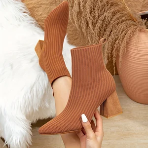 New Brown Pointed Thick Heel Women's Sock Boots Trendy Spicy Girl Elastic Knitted Ankle Boots