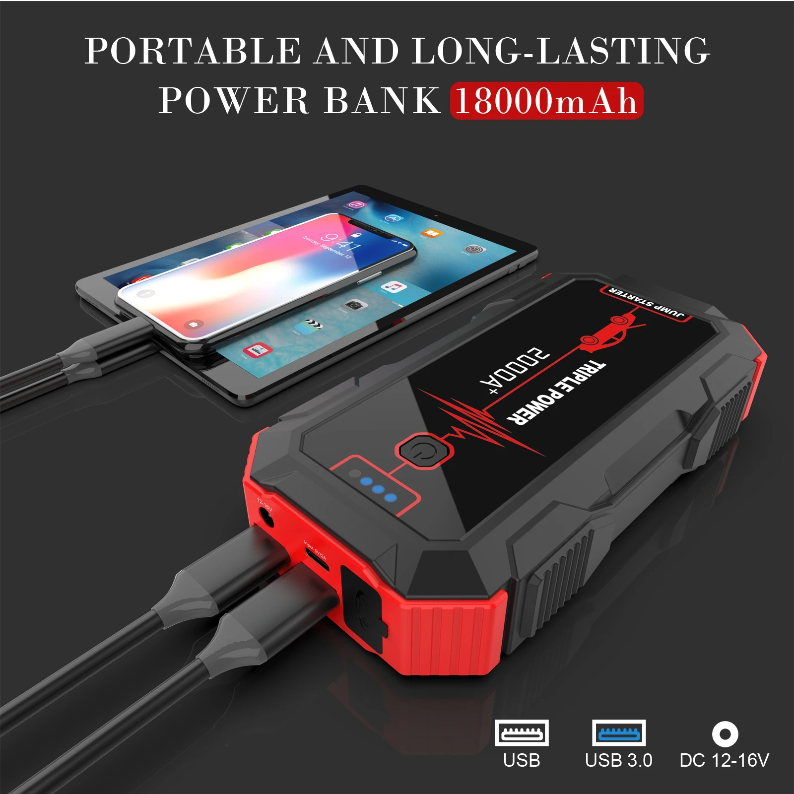 Power Bank 20000mah General Car Jump Starter Peak Current 2000a Jump