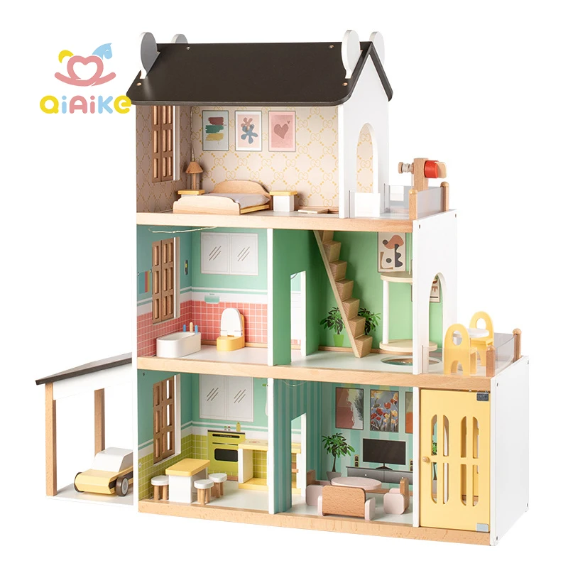 Wooden Dollhouse Mini Villa Toy with Furniture Accessories Lights Simulation House Role Toy Birthday Gift for Kids Girls Boys