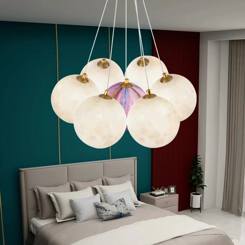 Nordic Style 3D Printing Planet LED Pendant Lights Hotel Hall Livingroom Bedroom Decoration Luminaire Suspension Light Fixtures