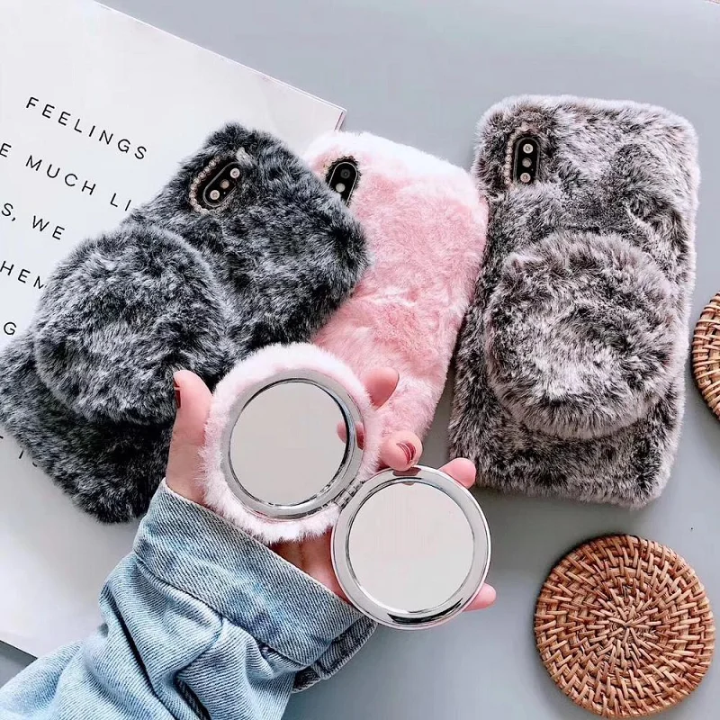 Drop Shipping Cute Fluffy Fur Mirror Phone Case For Iphone 12 Pro Max Girls Shockproof Bumper Kickstand Cove Buy Female Cute Phone Case Girl Phone Case With Mirror Case For Mobile Phone Product
