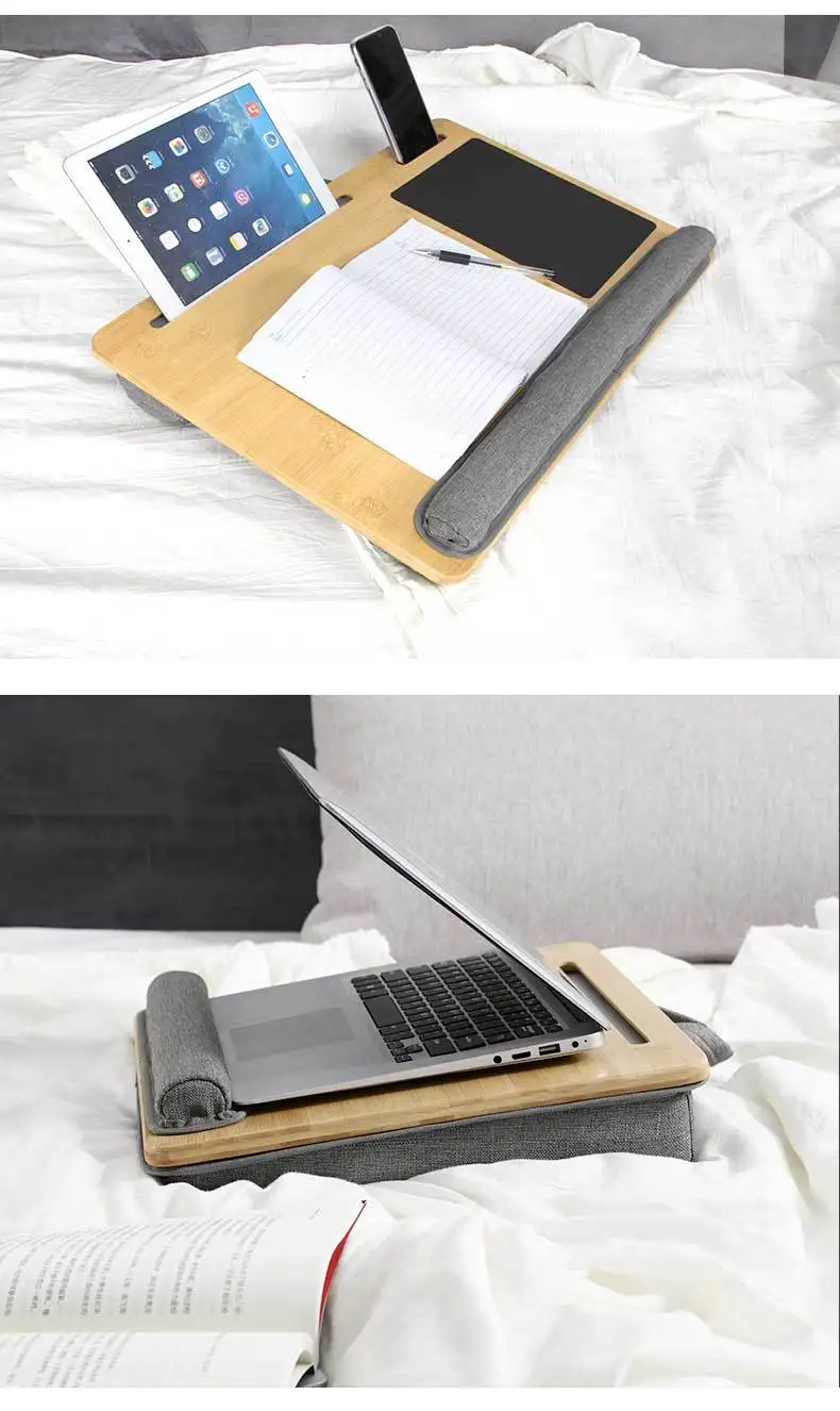 New Design Portable Laptop Bed Desk With Microbeads Cushion Bamboo Computer Table Phone Pad
