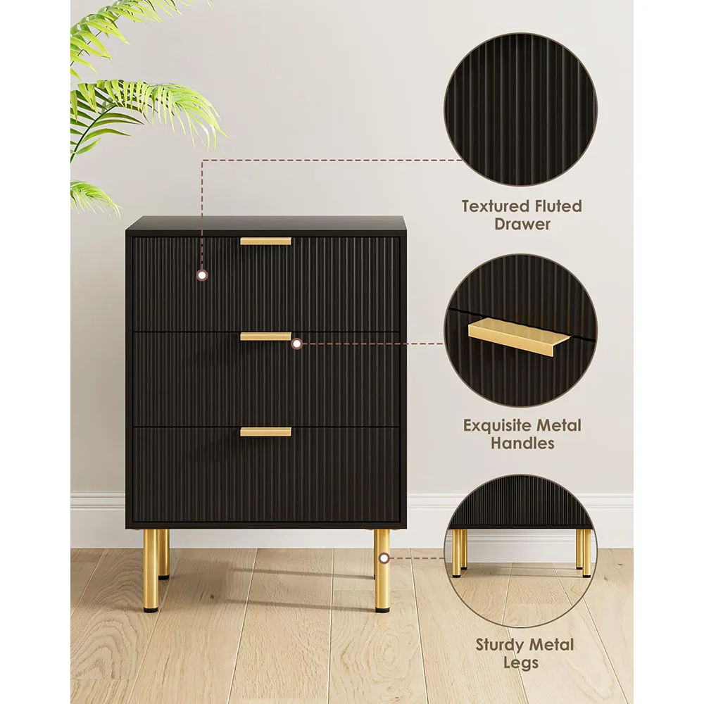 Modern Gold Frame Nightstand with 3 Storage Drawers Tall Bedside Table for Bedroom & Living Room MDF End Table Furniture factory